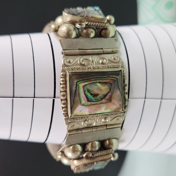 Vintage Taxco Mexico Sterling Panel Bracelet Abalone Mother of Pearl MOP - Picture 7 of 12